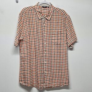 Bohio Mens Linen Checkered Button Up Short Sleeve Shirt XL Chest Pocket Retro